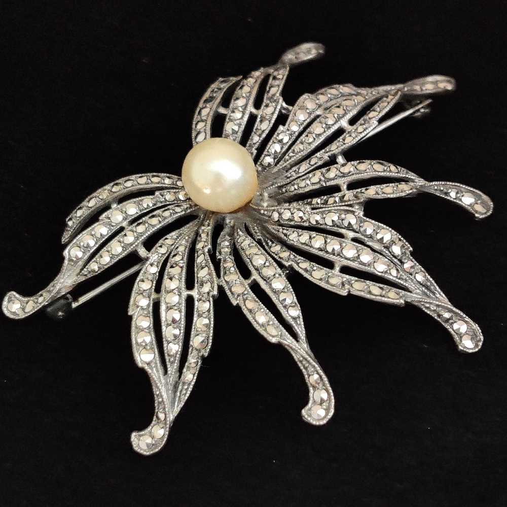 Signed West Germany Sterling Silver Marcasite Statement Brooch